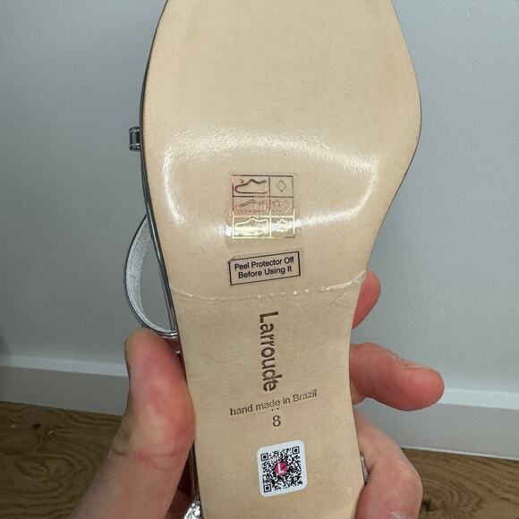 BRAND NEW Larroudé Gio Sandal In Silver Metalic Specchio Block Heel, Size 8 - Picture 10 of 11